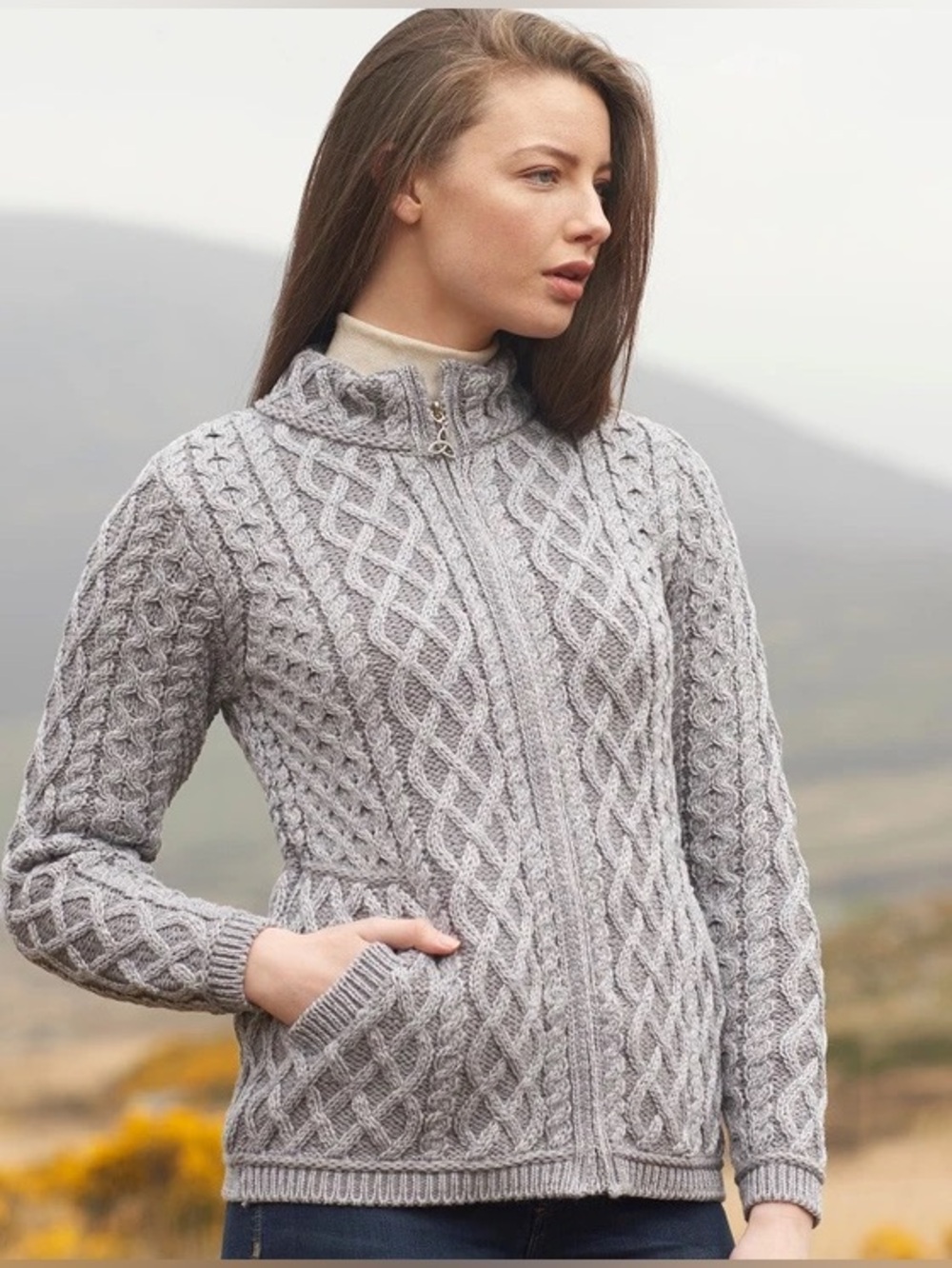 Aran Merino Plated Cardigan with Celtic Zip Gray Cable-Knit Sweater Jacket Small